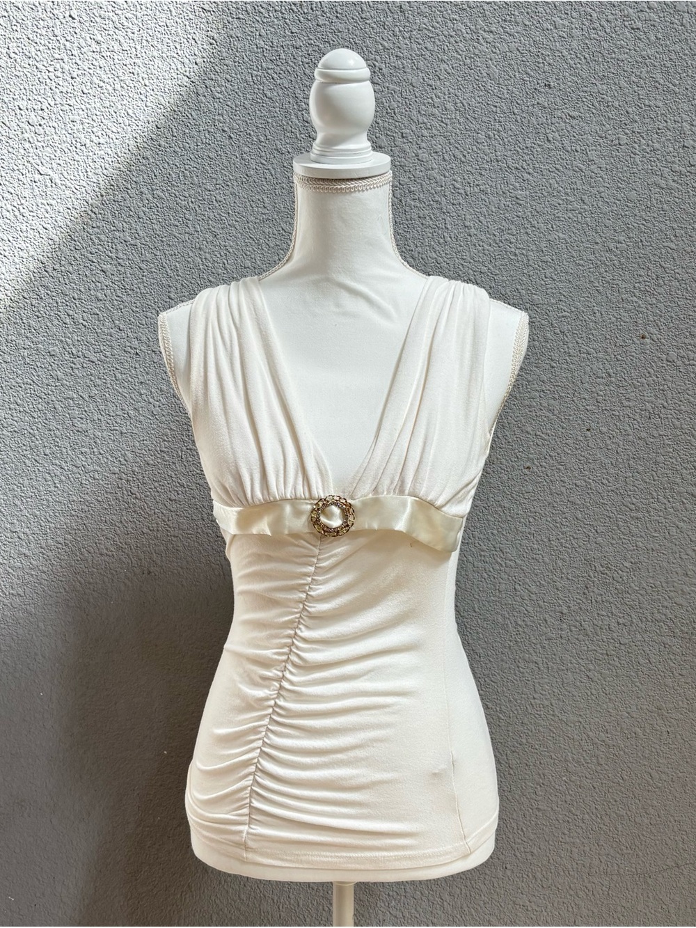 DO+BE Cream Ruched V-Neck Tank with Jewel Accent